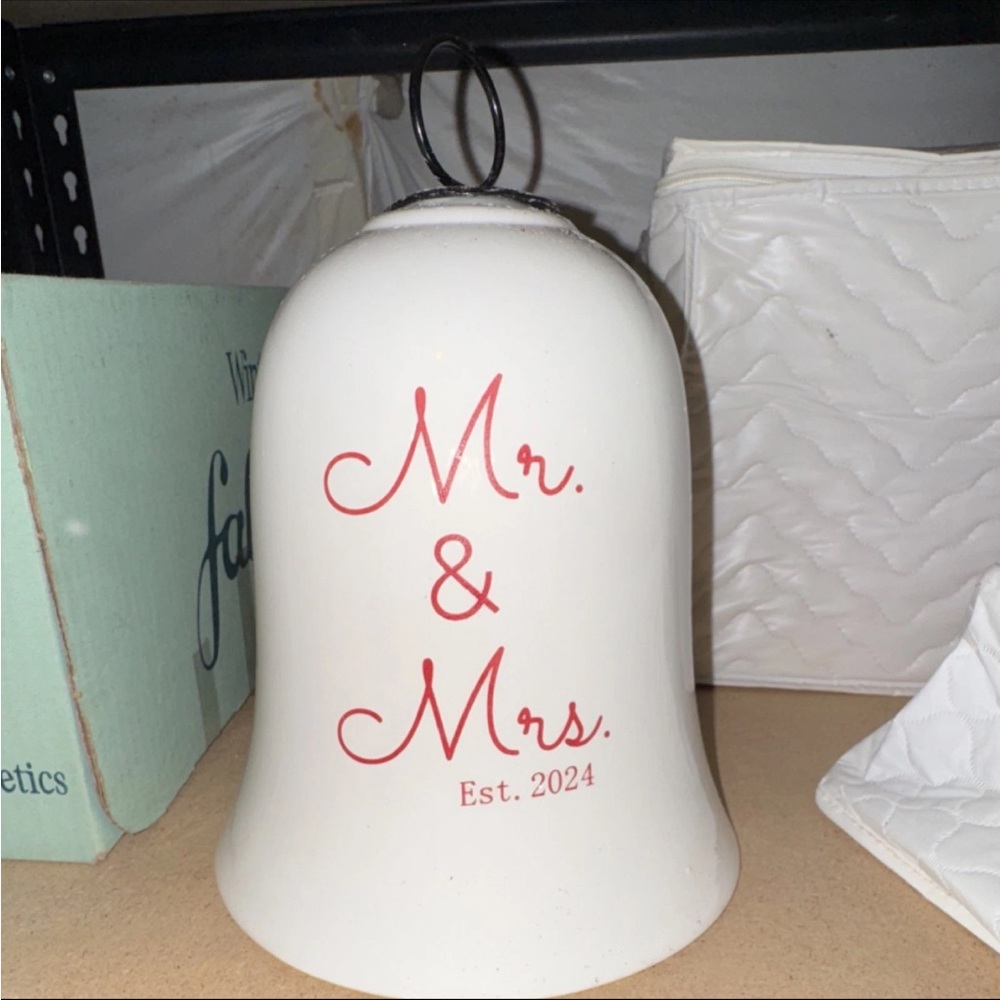 Mr. & Mrs. White Ceramic Bell with Red Script